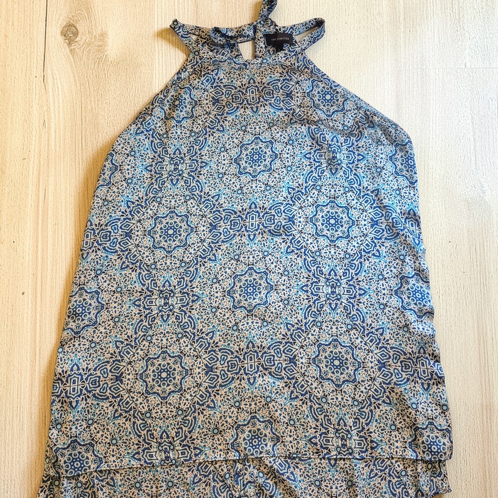 The Limited Blue and Cream Halter Mosaic Print Top